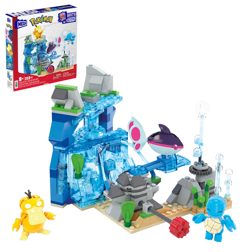 Mega Pokémon Aquatic Adventure set displayed fully built with clear blue waterfall, gray rock details, green plants, Squirtle, Psyduck, and Finneon characters alongside packaging.