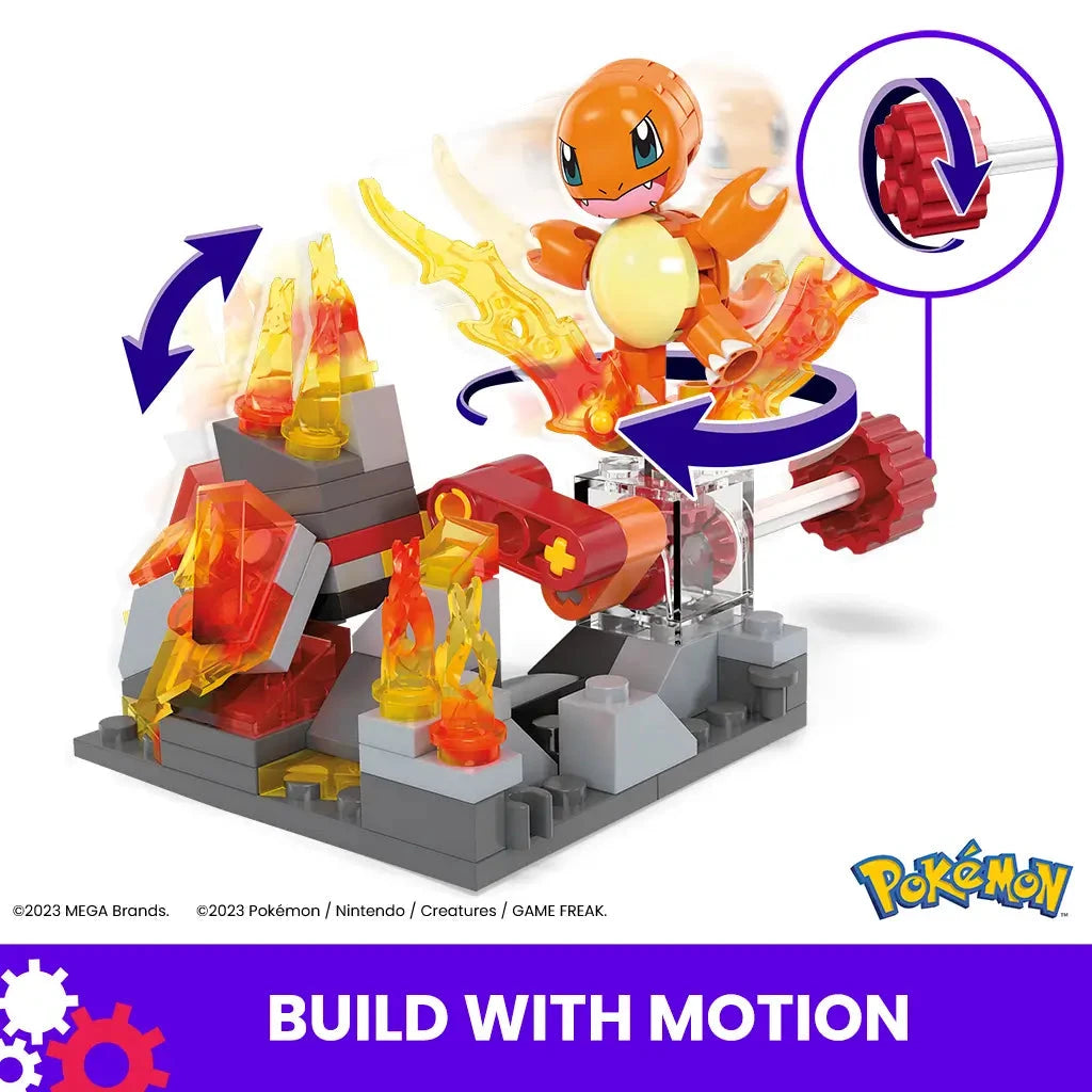 Mega Pokémon Charmander Fire-Type Spin set featuring a rotating battle platform with motion arrows showing interactive spinning action, surrounded by flame elements and buildable terrain.