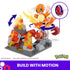 Mega Pokémon Charmander Fire-Type Spin set featuring a rotating battle platform with motion arrows showing interactive spinning action, surrounded by flame elements and buildable terrain.