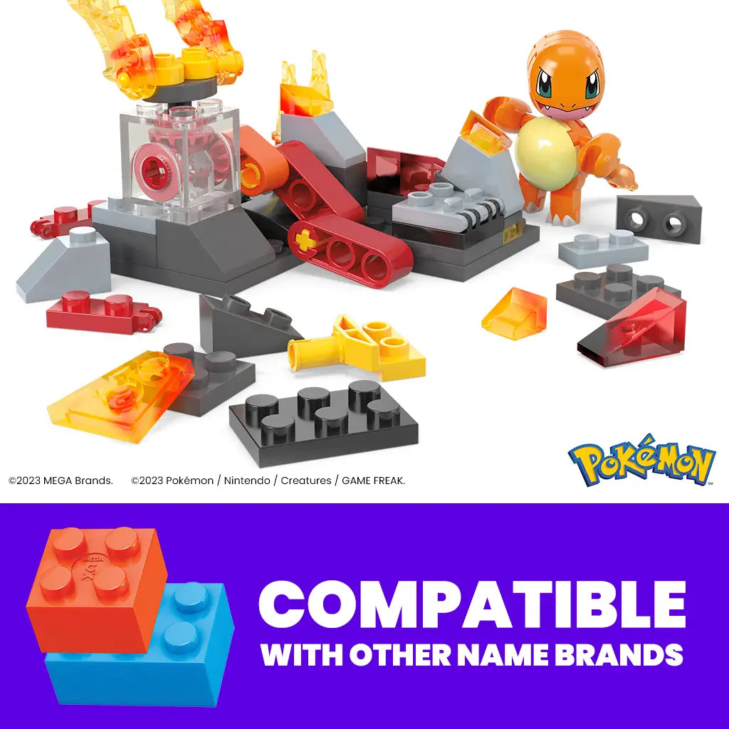 Mega Pokémon Charmander Fire-Type Spin building set shown in pieces, highlighting brick compatibility with other major brands; Charmander figure included with assorted fiery and mechanical elements.
