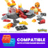 Mega Pokémon Charmander Fire-Type Spin building set shown in pieces, highlighting brick compatibility with other major brands; Charmander figure included with assorted fiery and mechanical elements.