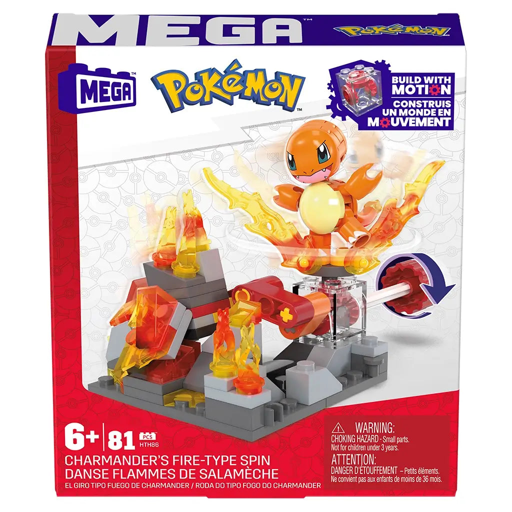 Front of Mega Pokémon Charmander’s Fire-Type Spin building set box, showing 81 pieces for ages 6+, featuring a spinning battle platform, flames, and a posable Charmander figure in action.