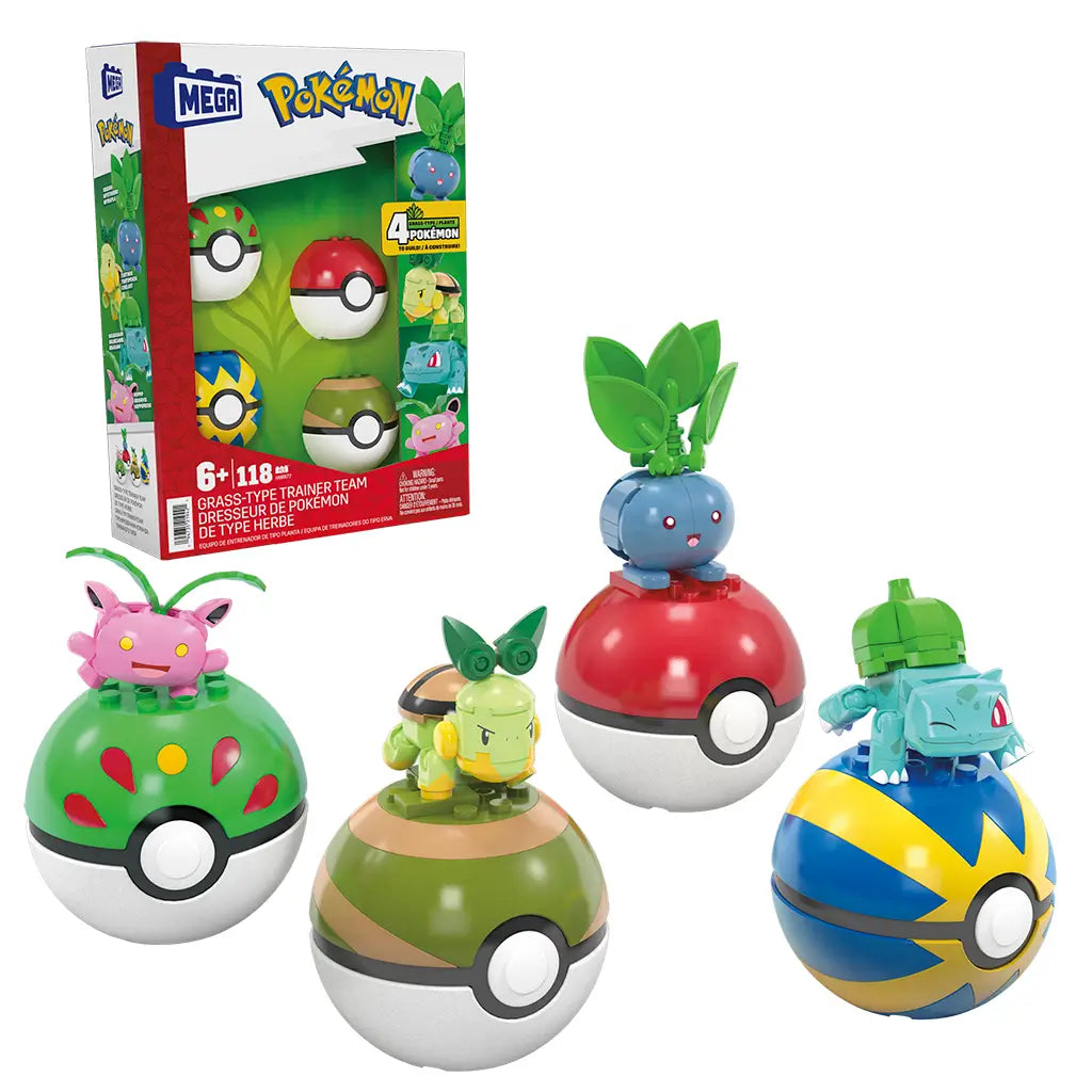 Complete Mega Pokémon Grass-Type Trainer Team building set with four Poké Balls and assembled figures of Hoppip, Oddish, Turtwig, and Bulbasaur displayed on top.