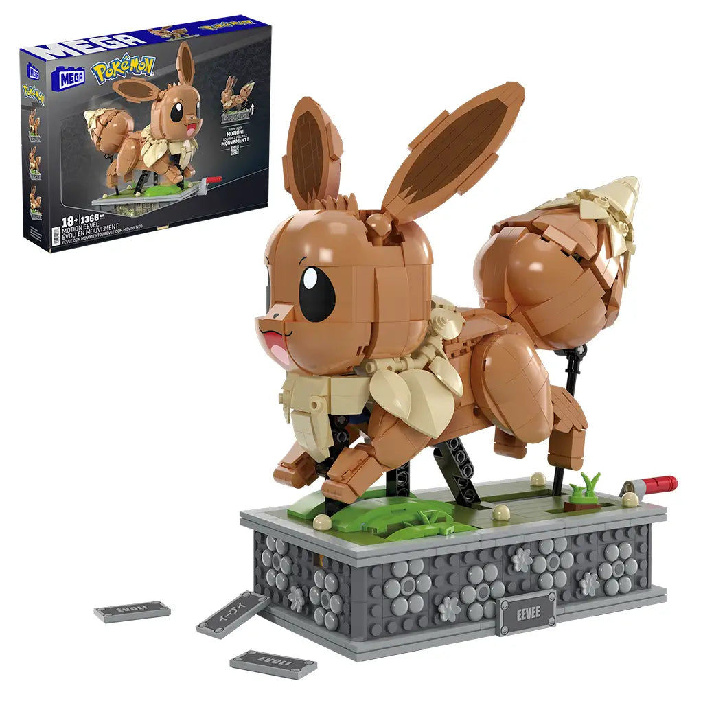 Fully assembled brown Mega Pokémon Eevee figure on a gray floral base, with display box showing 18+ age rating, 1366 pieces, and detailed build design.