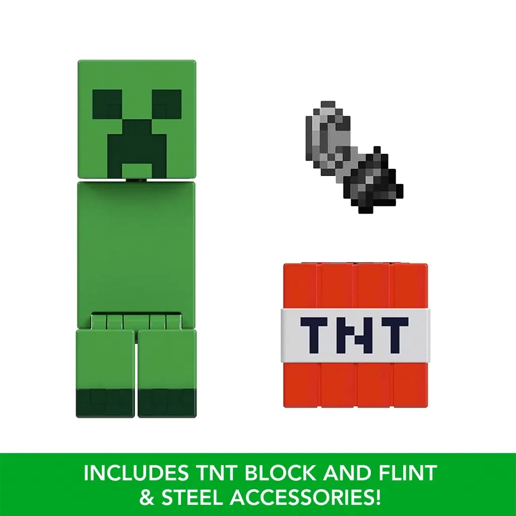 Minecraft Creeper action figure set including pixelated TNT block and flint & steel accessories for imaginative in-game inspired play.