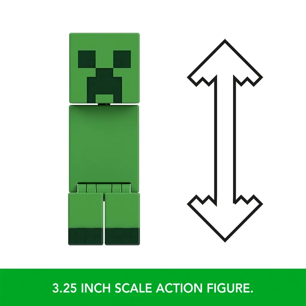 Minecraft Creeper 3.25-inch scale action figure with pixelated blocky design, displayed alongside measurement graphic for size reference.