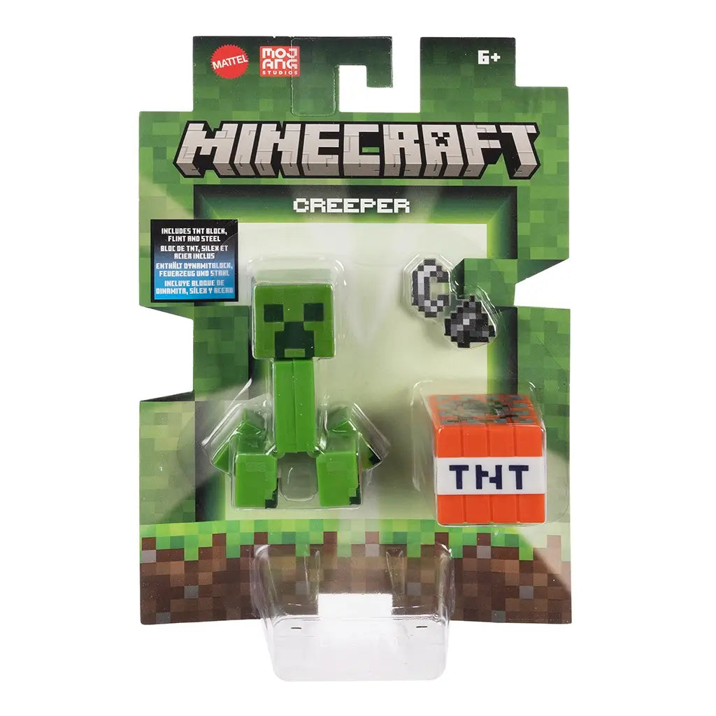 Minecraft Creeper action figure in retail packaging, featuring TNT block and flint & steel accessories, designed with pixelated game-inspired details.