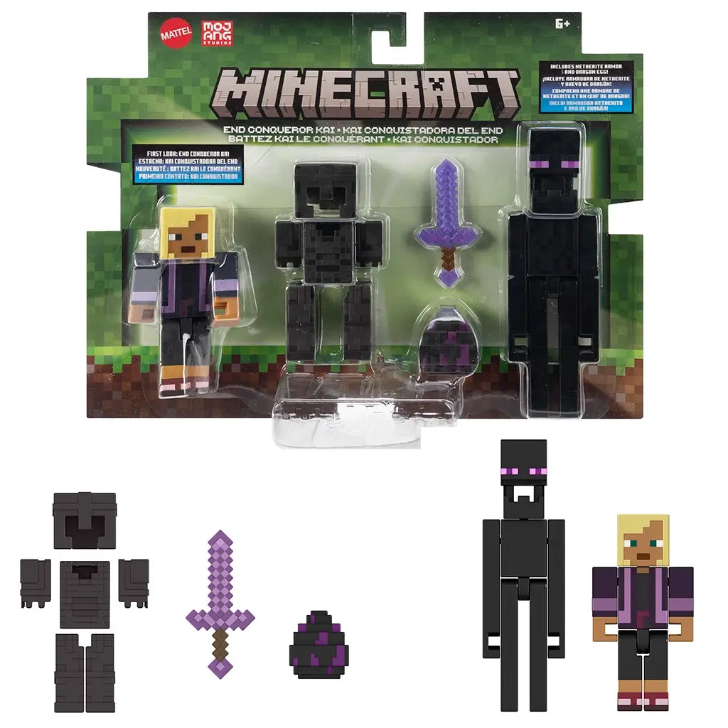 Unboxed Minecraft End Conqueror Kai 2-pack with figures, armor pieces, purple sword, and dragon egg arranged neatly against plain white background.