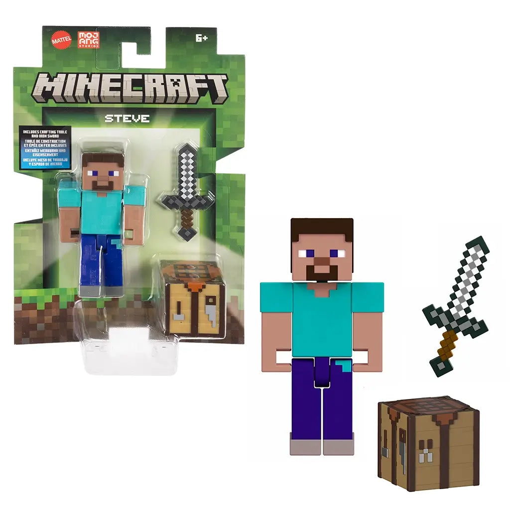 Minecraft Steve action figure with signature teal shirt and blue pants, holding an iron sword, with crafting table accessory nearby.