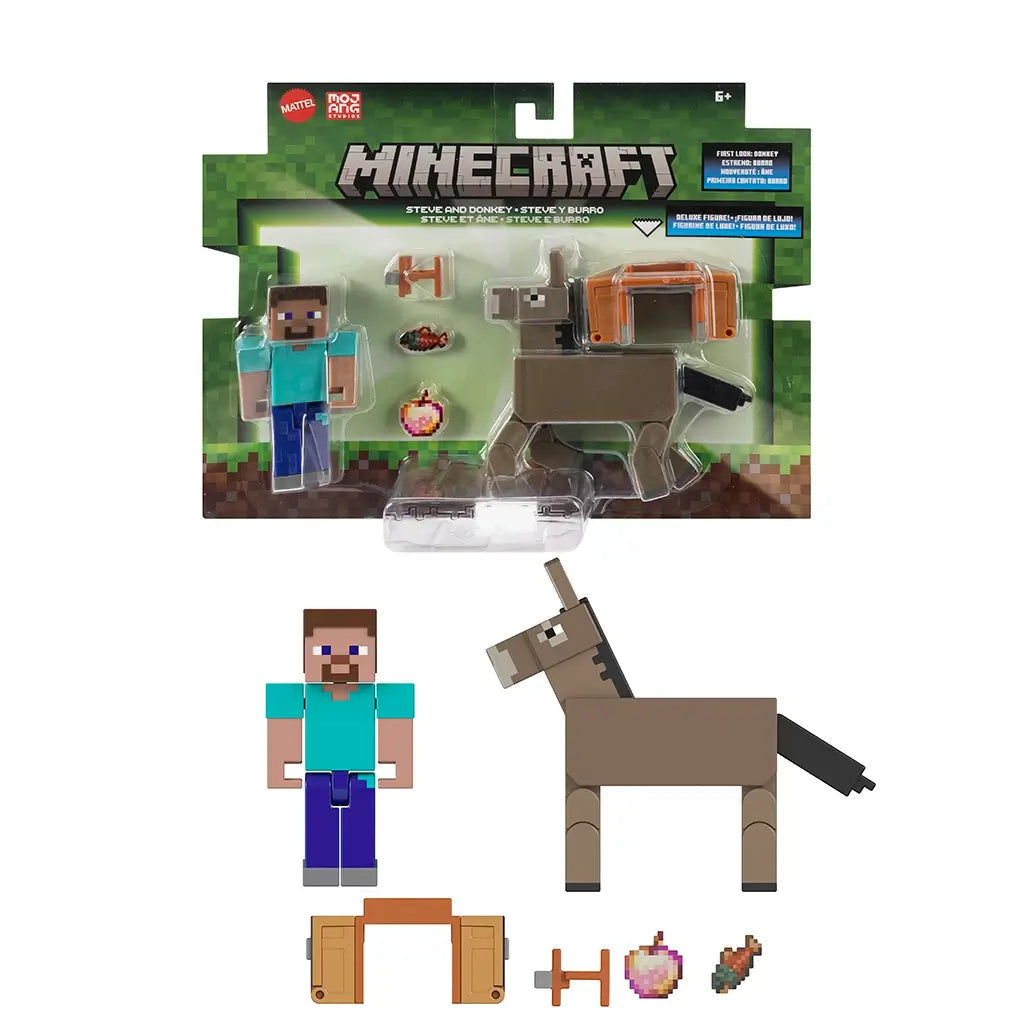 Unboxed Minecraft Steve and Donkey 2-pack with donkey, saddle, chest, golden apple, carrot, and bridle neatly arranged on a plain white background.
