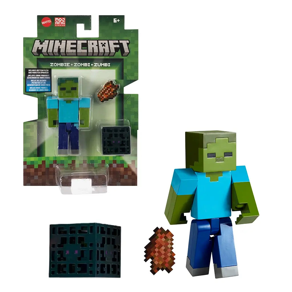 Minecraft Zombie 3.25-inch action figure with pixelated green skin, blue shirt, and blue pants, shown with monster spawner and rotten flesh accessory.
