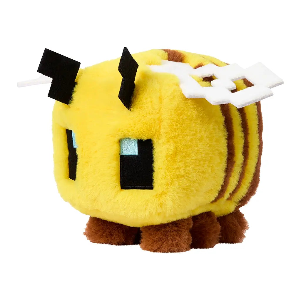 Yellow and brown Minecraft bee plush toy with blocky design, square black eyes, brown legs, and pixel-like white wings, displayed in angled front view on white background.