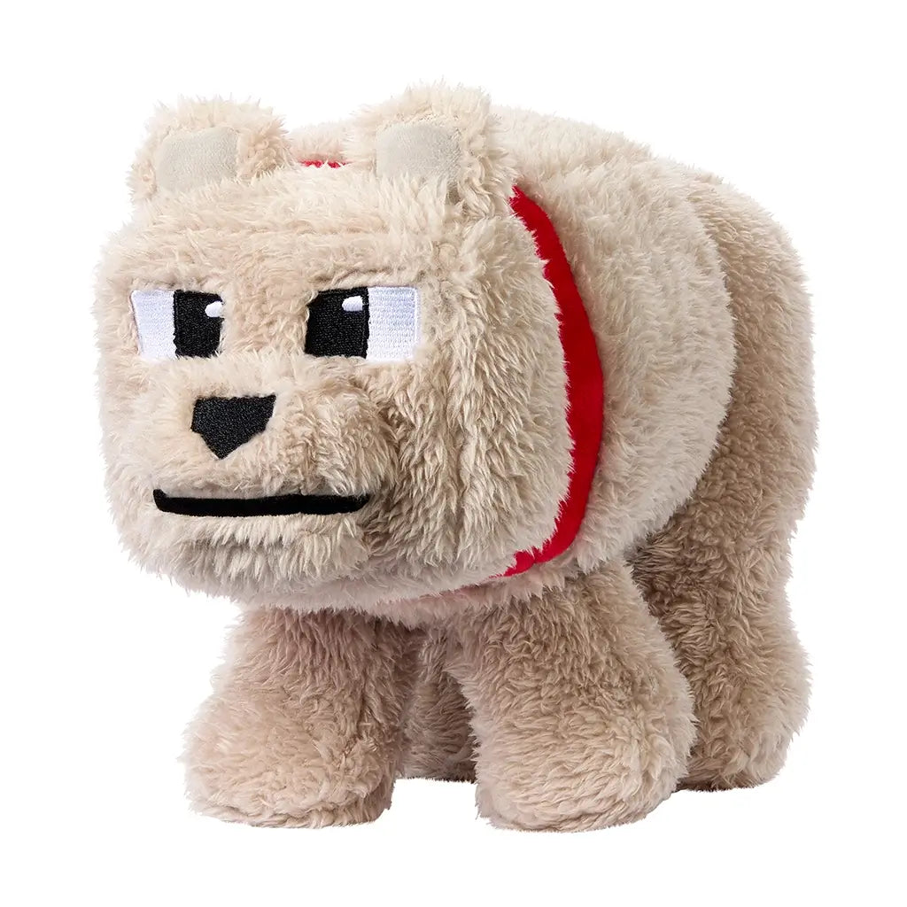 Front angled view of Minecraft Movie Dennis plush wolf, showing soft beige fur, cube-shaped body, embroidered black-and-white eyes, square nose, and signature red collar detail.