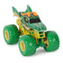 Monster Jam Dragon toy truck in vivid green with reptile scales, orange horns, fierce dragon face on hood, yellow frame, and oversized green wheels designed for kids’ monster battles.