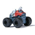 Marvel Thor mini Monster Jam truck in 1:87 scale, gray with silver hammer on top, red cape accents, and black wheels, rear angled view highlighting Norse superhero design.
