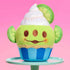 Disney Munchlings Pixar Toy Story Alien plush shaped like a lime cupcake with white whipped topping, lime slice ears, and a blue cupcake base, displayed on a pastel stand against a pink background.