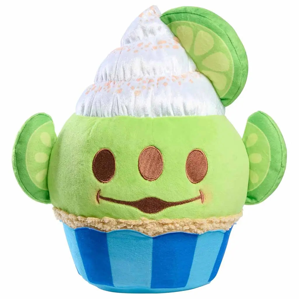 Studio image of Disney Munchlings Pixar Toy Story Alien lime cupcake plush featuring green velvety texture, stitched smile, and white swirl top with lime slice decorations, ideal for hugging or display.