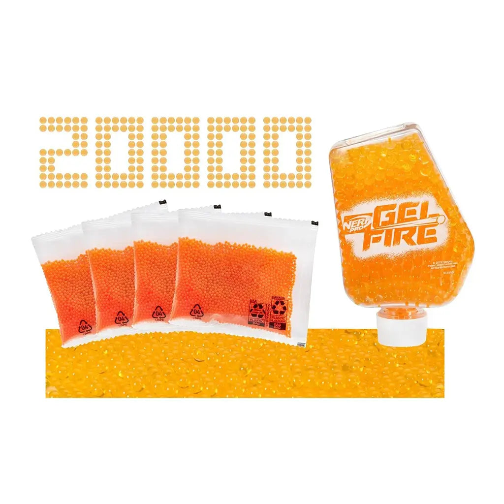 Nerf Pro Gelfire refill pack showing 20,000 small orange dehydrated gel rounds in four plastic packets beside a transparent Gelfire hopper container filled with bright orange hydrated rounds.