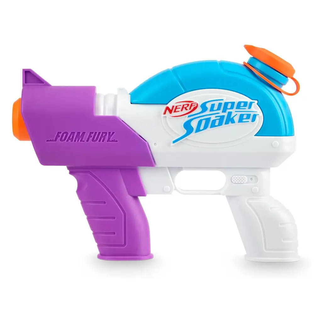 Nerf Super Soaker Foam Fury blaster featuring purple front barrel, blue tank, and white grip with orange cap, designed for water or foam play, displayed on a clean white background.