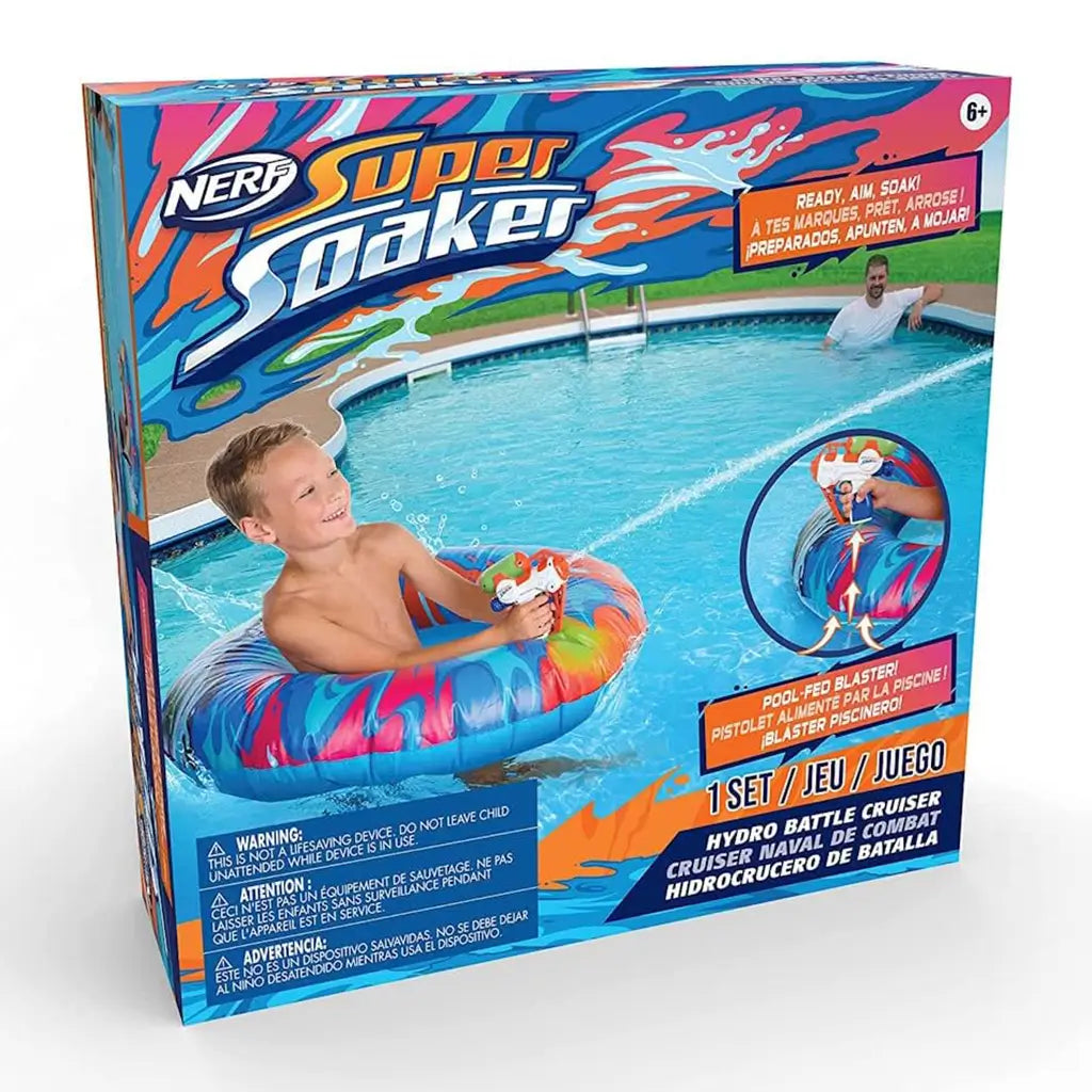 Nerf Super Soaker Hydro Battle Cruiser toy packaging showing a smiling boy in a pool using the inflatable blue and red ring with an attached water blaster, labeled as a “Pool-Fed Blaster.