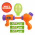 Contents of Nickelodeon Slime Splat Splasher set displayed on white background, including orange and purple blaster, green tank, and three Nickelodeon Slime powder packets.