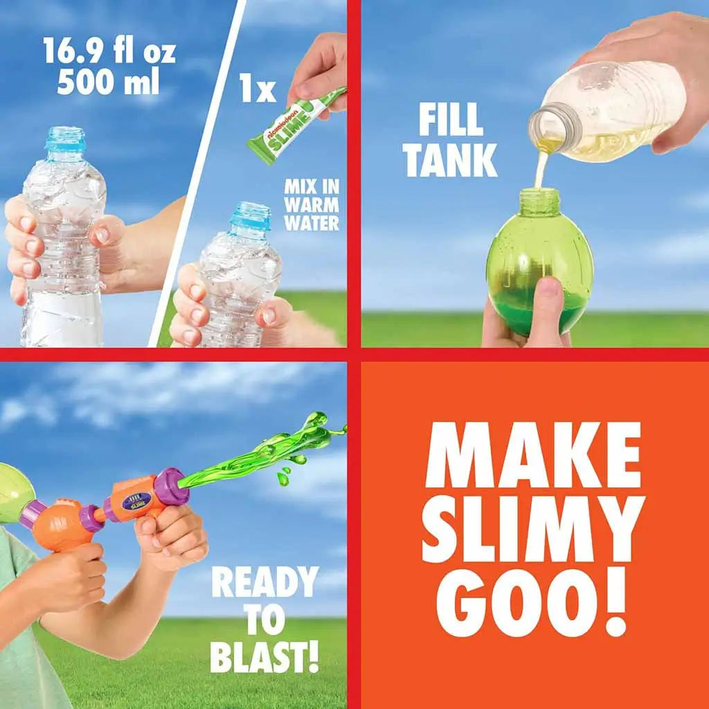 Colorful Nickelodeon Slime Splat Splasher instructions showing how to mix slime powder with warm water, fill the green tank, and prepare the orange and purple blaster for slimy fun outdoors.