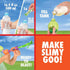 Colorful Nickelodeon Slime Splat Splasher instructions showing how to mix slime powder with warm water, fill the green tank, and prepare the orange and purple blaster for slimy fun outdoors.