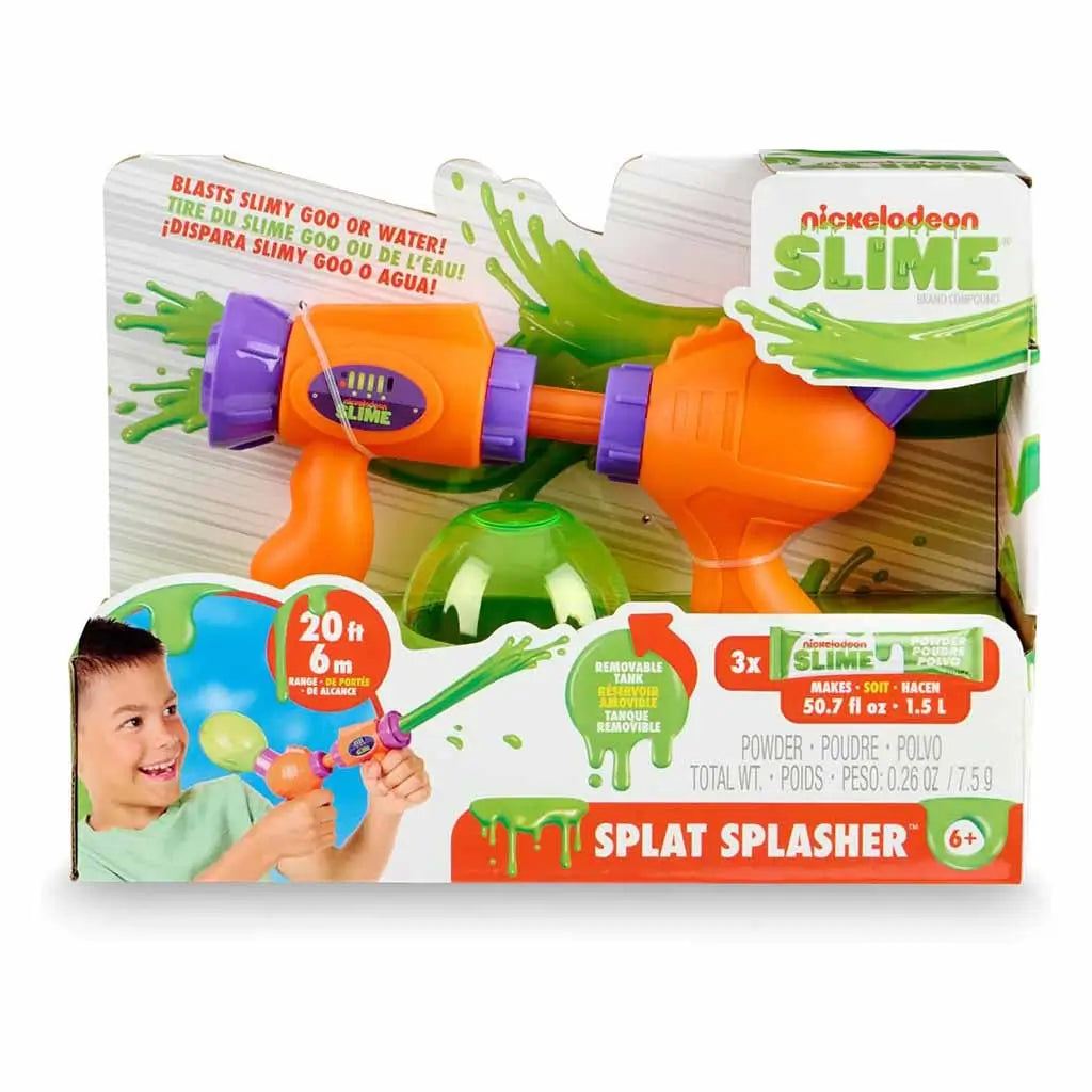 Nickelodeon Slime Splat Splasher toy package featuring an orange and purple blaster with a green tank that shoots green slime or water up to 20 feet for active, messy outdoor play.