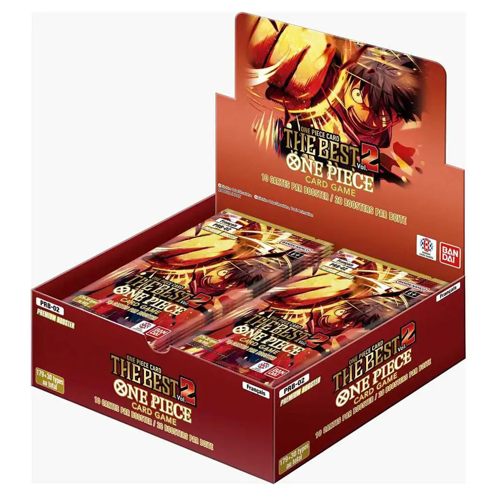 One Piece Card Game The Best Vol. 2 Premium Booster Box featuring Monkey D. Luffy in a fiery action pose, designed in red and gold tones, containing multiple 10-card booster packs by Bandai Namco.