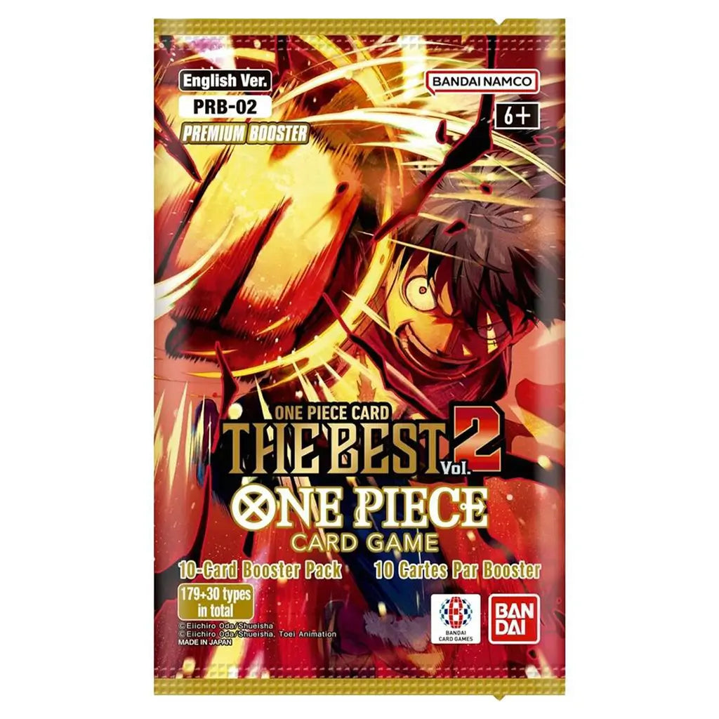 One Piece Card Game The Best Vol. 2 Premium Booster Pack featuring Monkey D. Luffy throwing a fiery punch on a red and gold background, containing 10 collectible trading cards by Bandai Namco.
