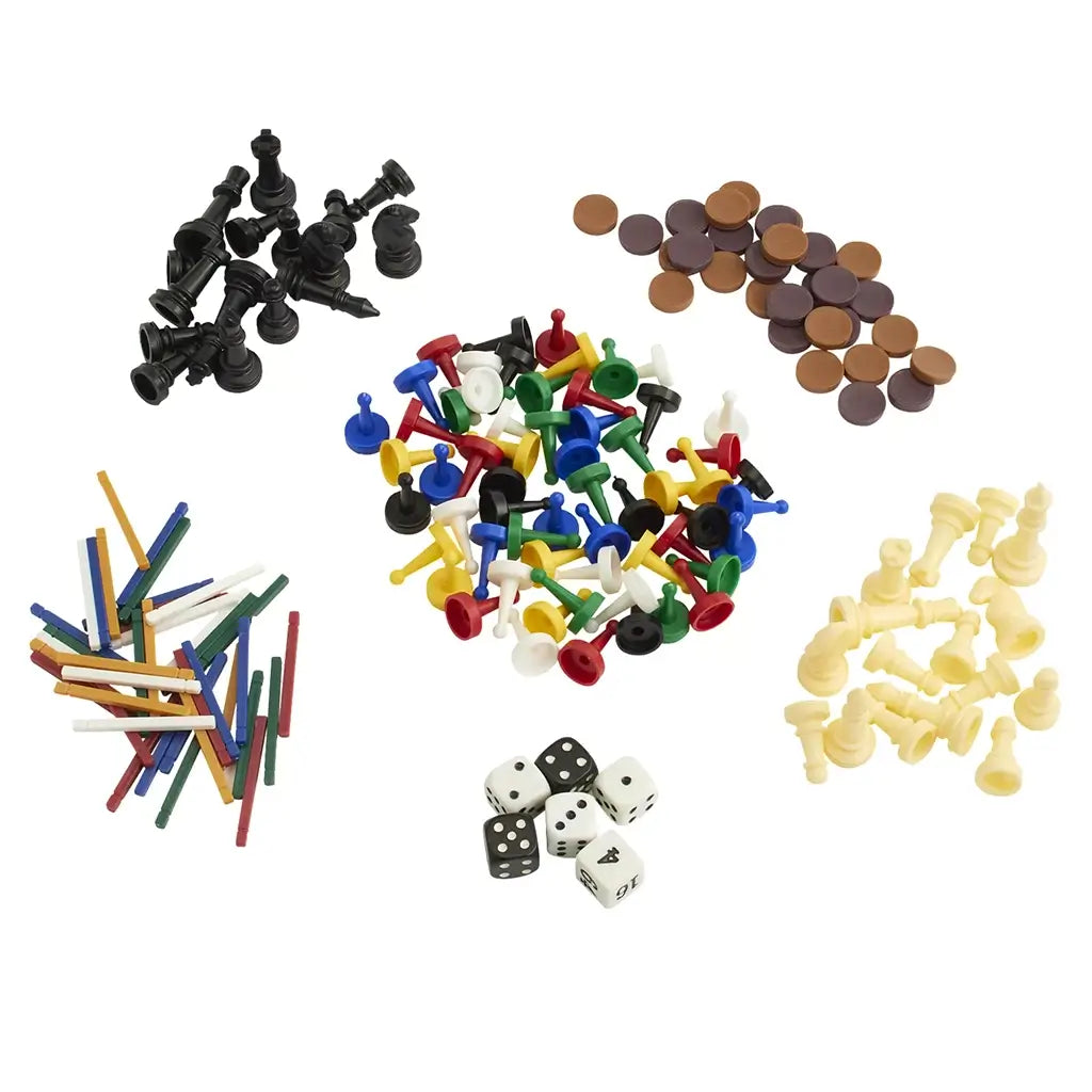 Assorted Classic Games 100 Games playing pieces including chess pawns, colorful pegs, dice, brown discs, and wooden sticks arranged in groups on a white background.