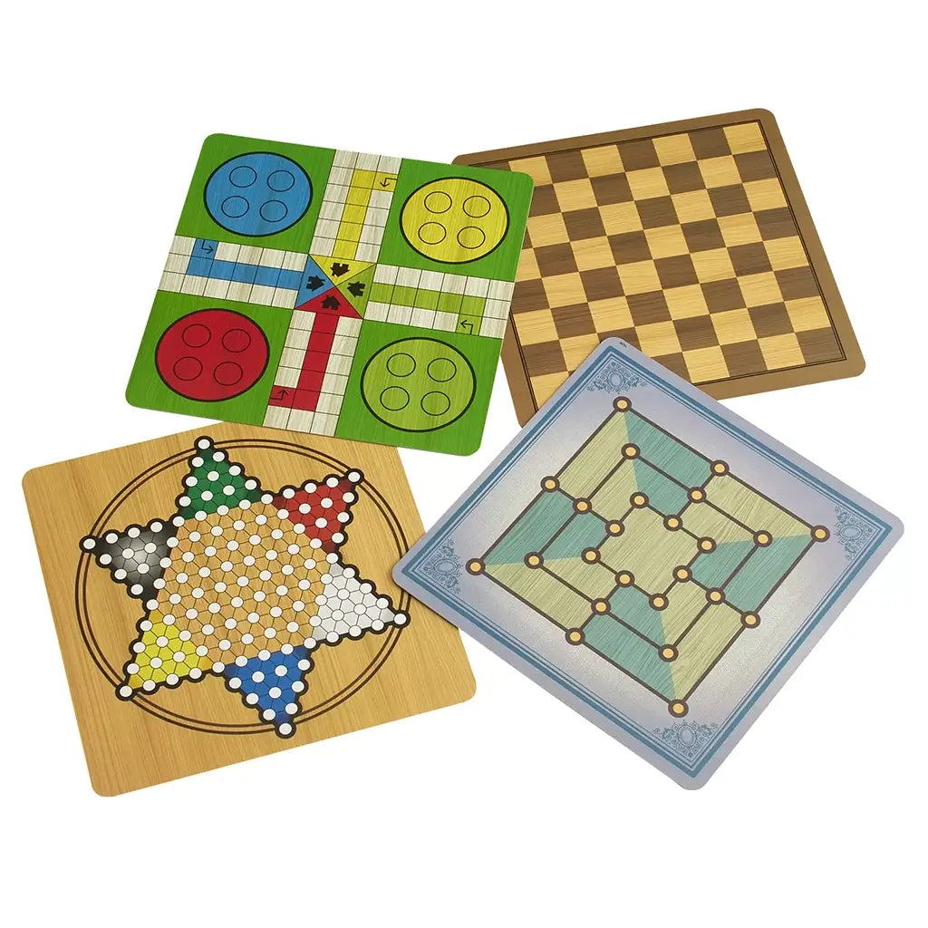 Additional Classic Games 100 Games boards displaying Ludo, Chinese checkers, Nine Men’s Morris, and chess layouts on wooden and colored backgrounds for multi-game play variety.