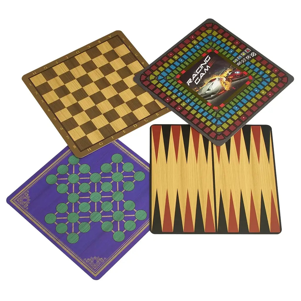 Four double-sided Classic Games 100 Games boards showing checkers, racing game, backgammon, and Chinese checkers designs in bright colors on square wooden-style boards.