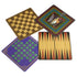 Four double-sided Classic Games 100 Games boards showing checkers, racing game, backgammon, and Chinese checkers designs in bright colors on square wooden-style boards.