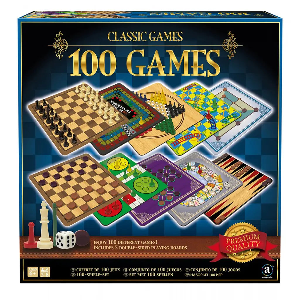 Front packaging of Classic Games 100 Games set featuring colorful illustrations of multiple board games including chess, checkers, snakes and ladders, and backgammon with premium quality label.