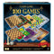 Front packaging of Classic Games 100 Games set featuring colorful illustrations of multiple board games including chess, checkers, snakes and ladders, and backgammon with premium quality label.