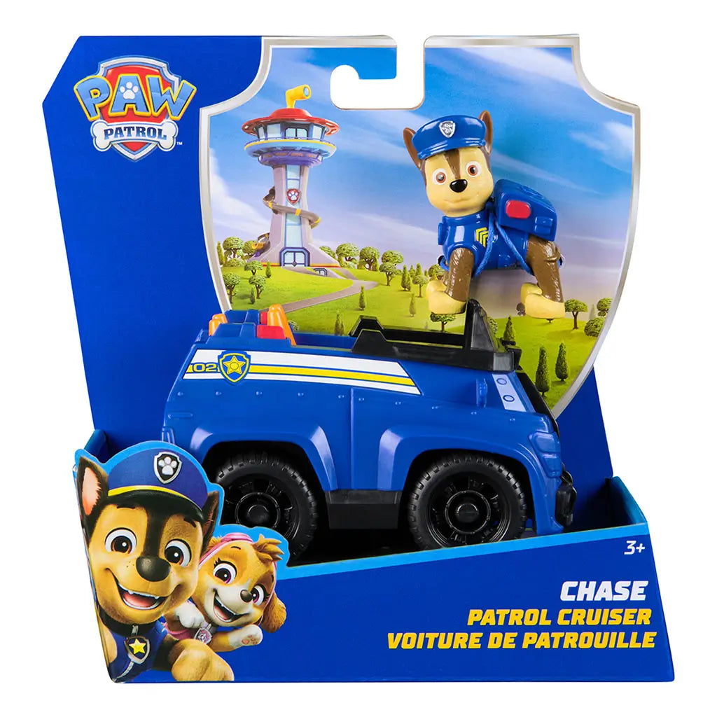 Paw Patrol Chase police cruiser toy in sustainable packaging, featuring blue patrol cruiser, Chase figure in police uniform, and Paw Patrol branding for ages 3 and up.