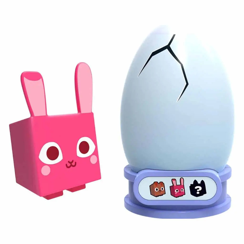 PhatMojo Pet Simulator Series 1 pink bunny toy figure beside a cracked white egg with black line, shown on a blue display base with character images at the bottom.