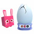 PhatMojo Pet Simulator Series 1 pink bunny toy figure beside a cracked white egg with black line, shown on a blue display base with character images at the bottom.