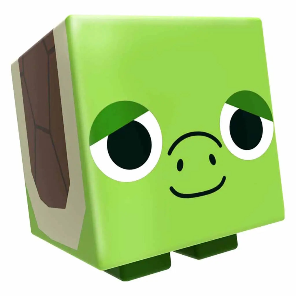 Pet Simulator Series 1 toy figure by PhatMojo featuring a cube-shaped green turtle with dark shell pattern and large eyes, part of collectible mystery egg set for kids.