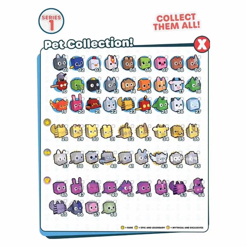 Pet Simulator X Series 1 collectible chart by PhatMojo showing 58 cube-style pet toys in rows including cats, dogs, rabbits, dragons, and exclusive golden versions.