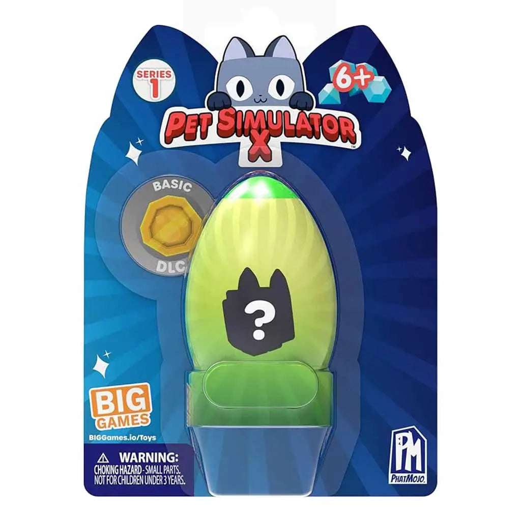 Retail packaging of PhatMojo Pet Simulator X Series 1 one-pack mystery egg toy featuring green egg with question mark design and basic DLC coin, for ages six and older.