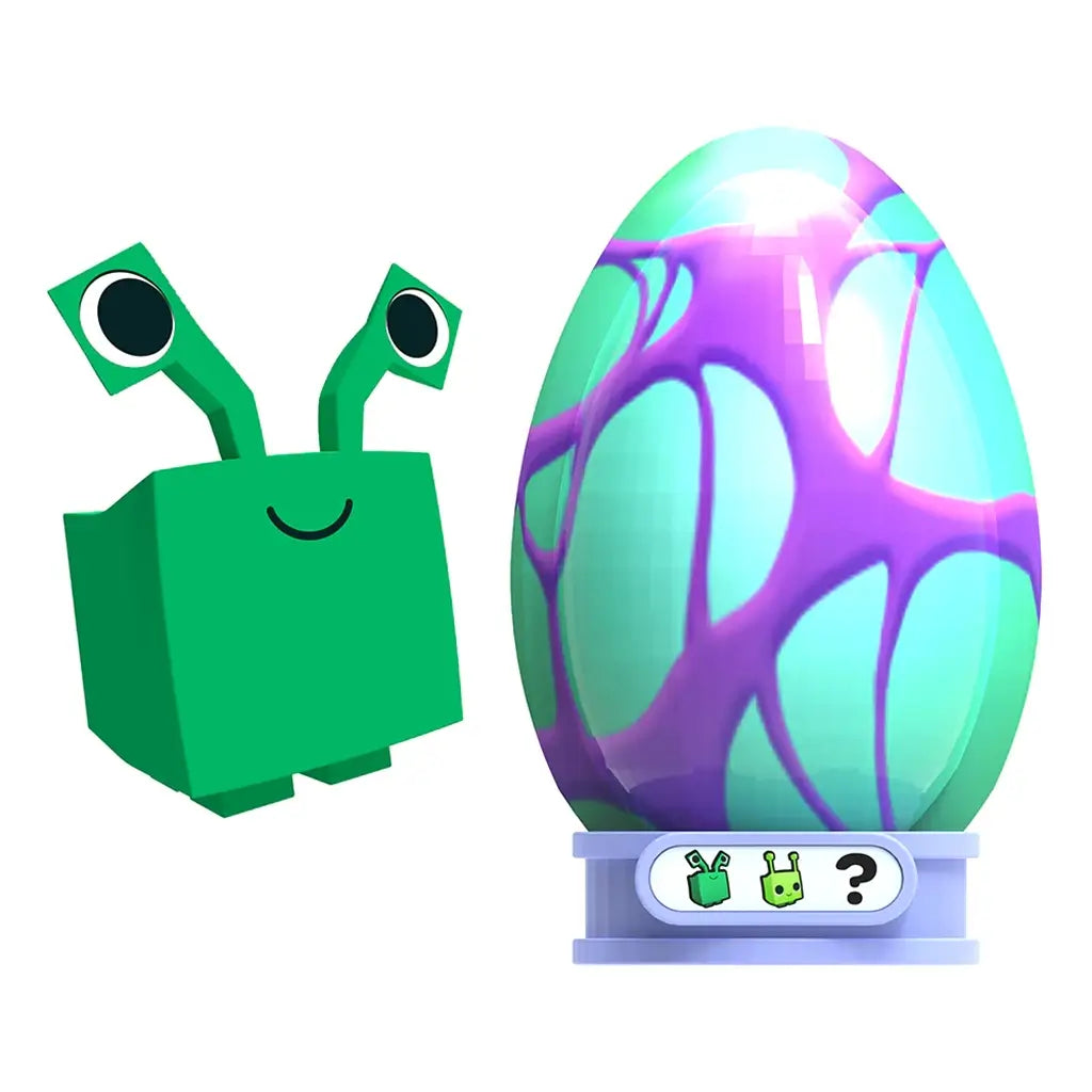 PhatMojo Pet Simulator Series 2 green alien toy with cube body and tall eye stalks next to a turquoise egg wrapped in purple vein-like pattern on a blue stand.