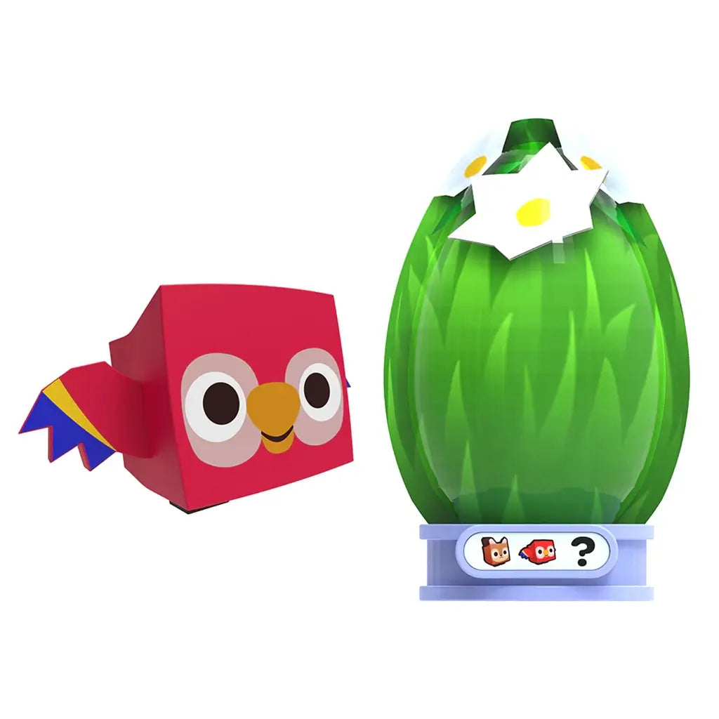 Pet Simulator Series 2 toy featuring a red parrot figure with yellow beak beside a green egg decorated with white flower petals, displayed on a blue base by PhatMojo.