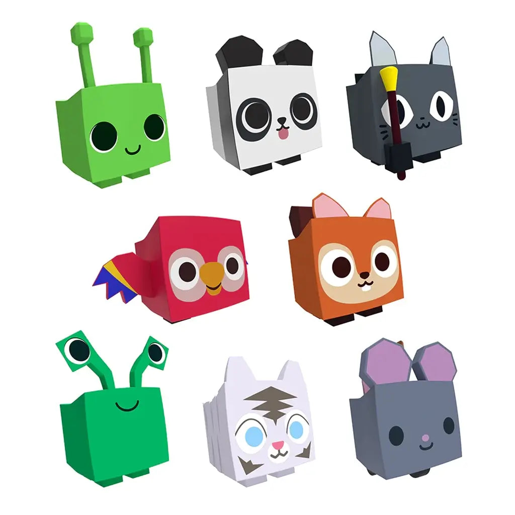 Group of eight cube-shaped PhatMojo Pet Simulator Series 2 collectible figures including panda, alien, cat, squirrel, parrot, and mouse, arranged on white background.