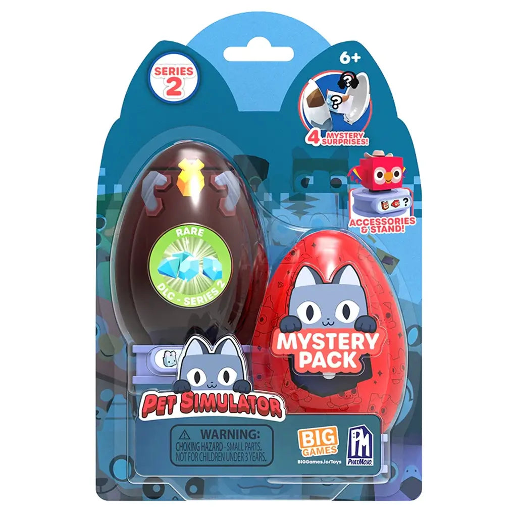 Retail package of PhatMojo Pet Simulator Series 2 two-pack mystery eggs in red and brown with Pet Simulator logo, suitable for children ages six and older.
