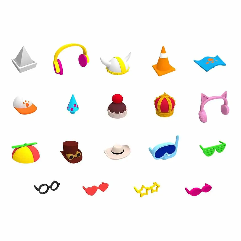 Set of 18 miniature Pet Simulator toy accessories from PhatMojo including hats, headphones, glasses, and crowns in various colors for customizing collectible pet figures.