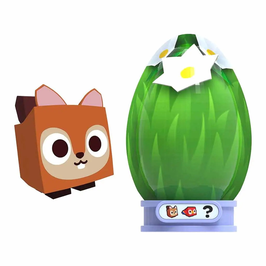 Pet Simulator brown squirrel toy figure with round eyes next to a green egg with grass texture and white flower top, displayed on blue base with cartoon icons from Series 2 collection.