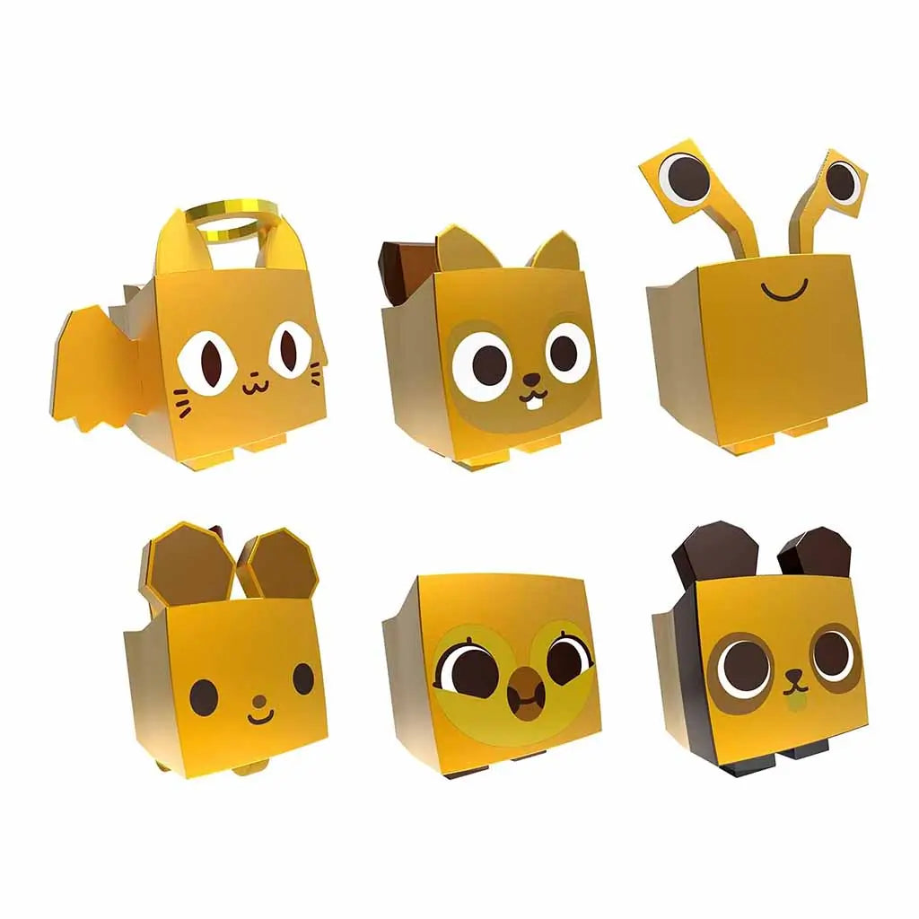Collection of six gold Pet Simulator toy figures by PhatMojo featuring cube-shaped animals like cats, dogs, and rabbits with metallic finishes from Series 2 collectible mystery eggs.