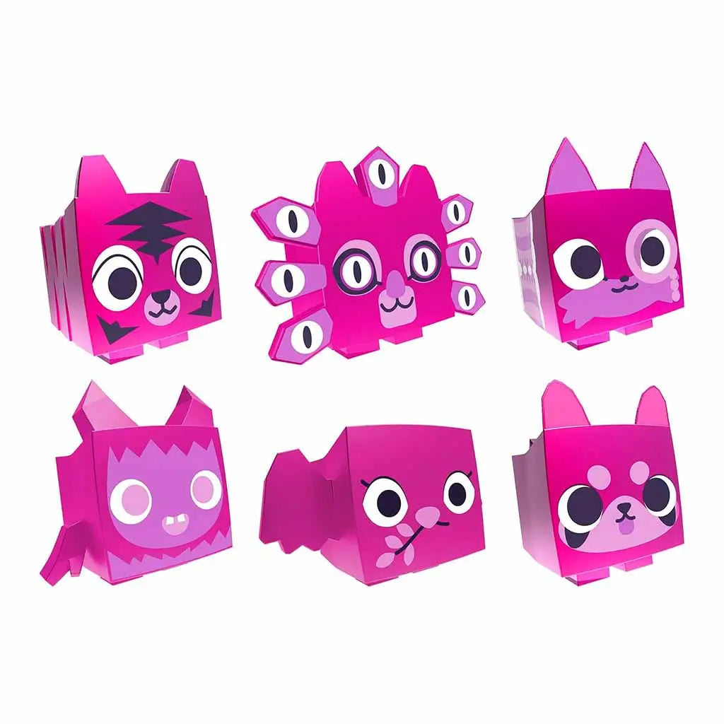Collection of six pink Pet Simulator toy figures from PhatMojo Series 2, including cat, bat, and spider-inspired cube-shaped pets with bright magenta tones and expressive faces.